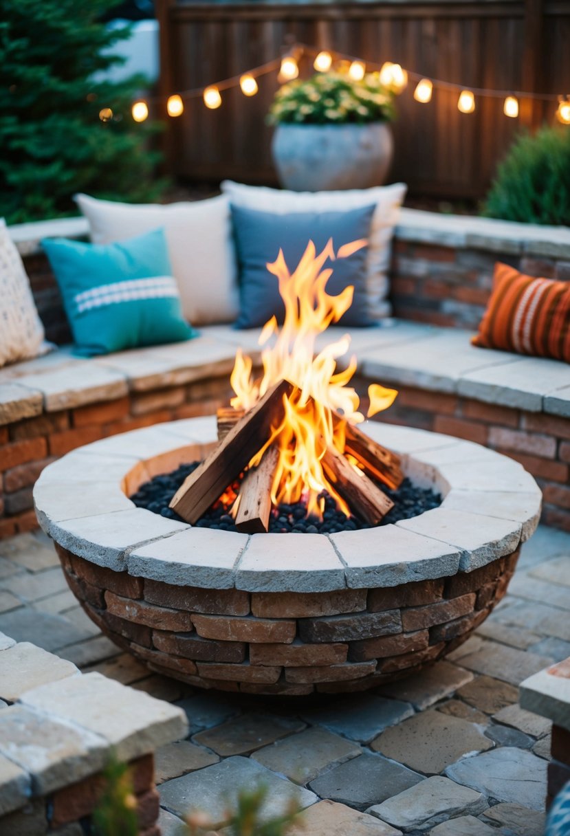 A cozy backyard fire pit surrounded by natural stone and brick, with a rustic and inviting atmosphere