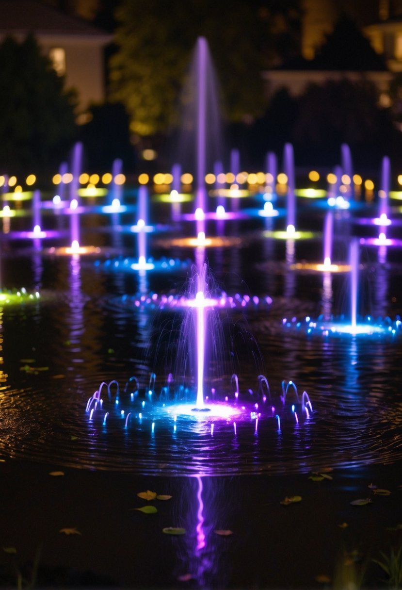 Multicolored lights illuminate 25 garden ponds at night, their waters dancing to the rhythm of a fountain
