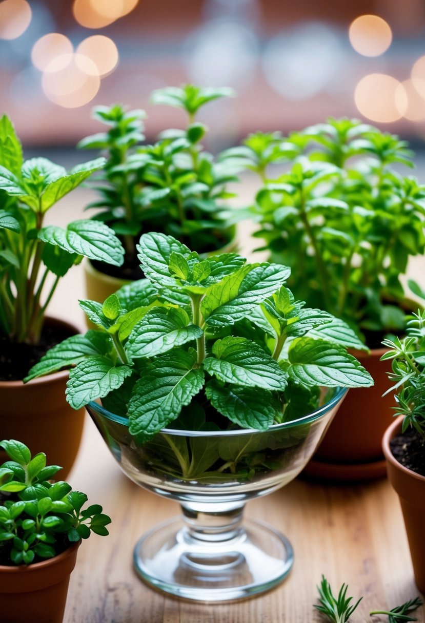 Fresh spearmint leaves arranged in a glass bowl among various potted herb plants