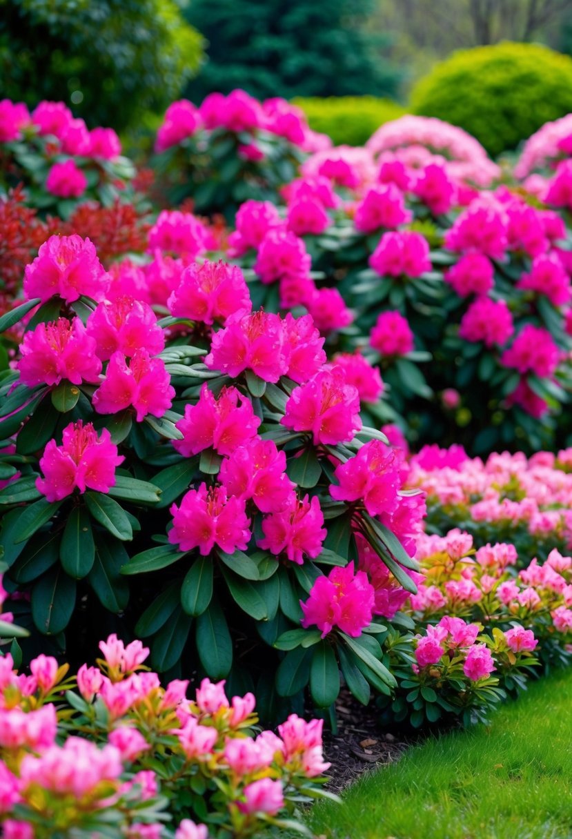A lush garden filled with vibrant Rhododendron 'Mrs. G.W. Leak' and azaleas in full bloom, creating a colorful and picturesque landscape
