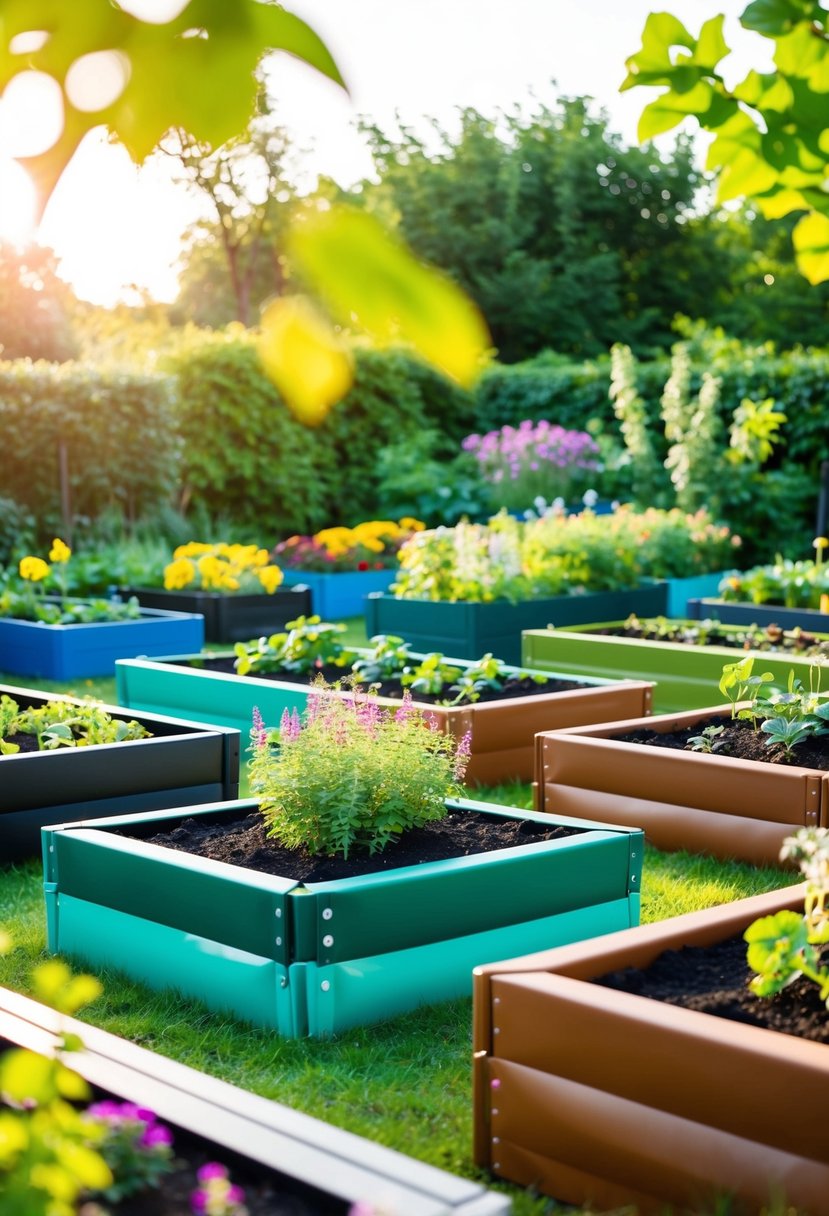 A garden with 35 raised beds of various sizes and shapes, filled with Smart Pots Big Bag Raised Beds, creating a colorful and organized outdoor space