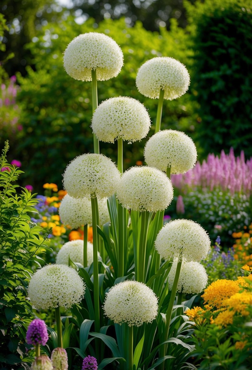 A garden filled with towering white giant allium flowers, surrounded by lush greenery and other colorful blooms