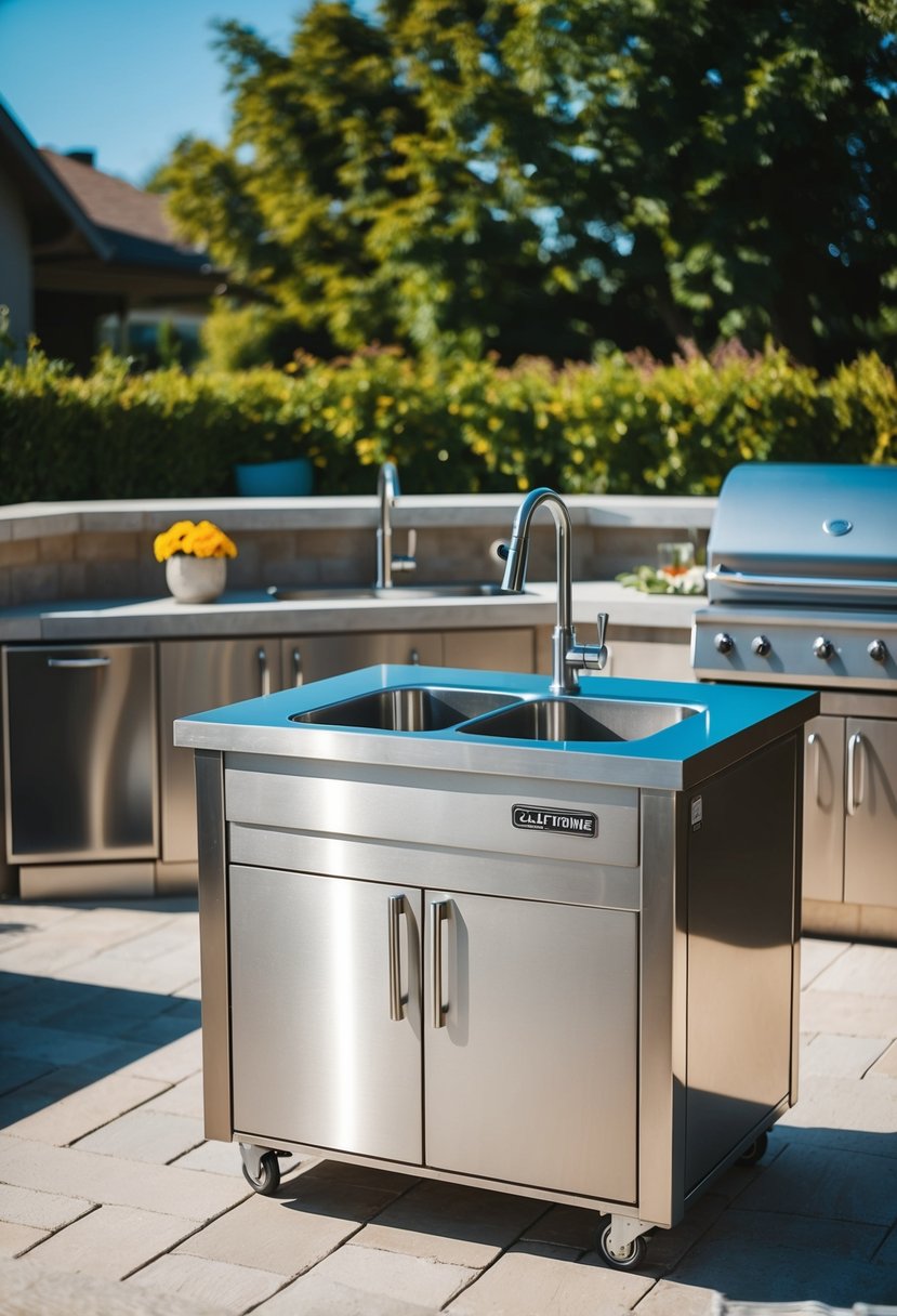 A sunny outdoor patio with a sleek, stainless steel Cal Flame Portable Sink 29 set within a spacious and modern outdoor kitchen