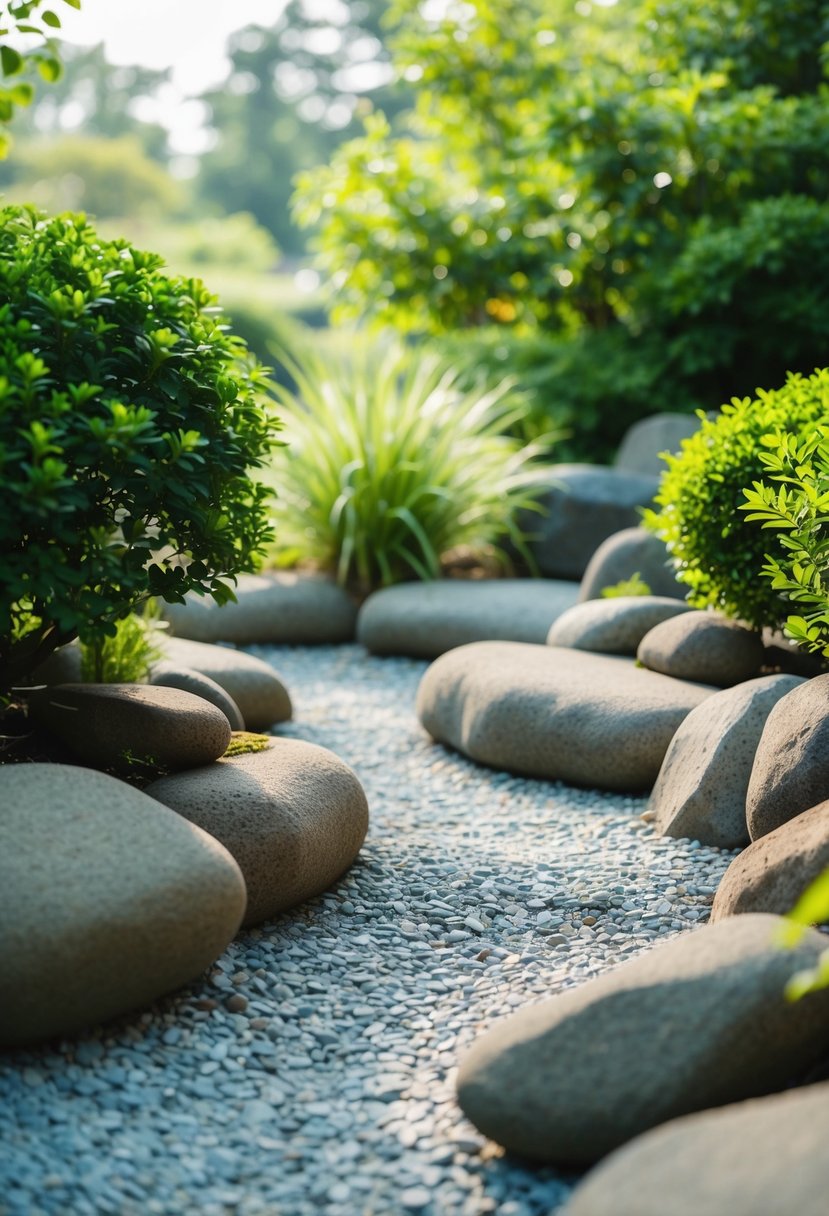 A tranquil Zen garden with a single stream winding through raked gravel and carefully placed rocks, surrounded by lush greenery