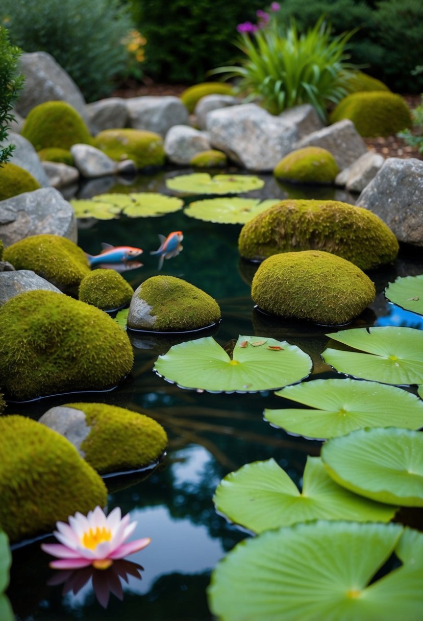 Moss-covered rocks surround a tranquil garden pond, with lily pads and colorful fish
