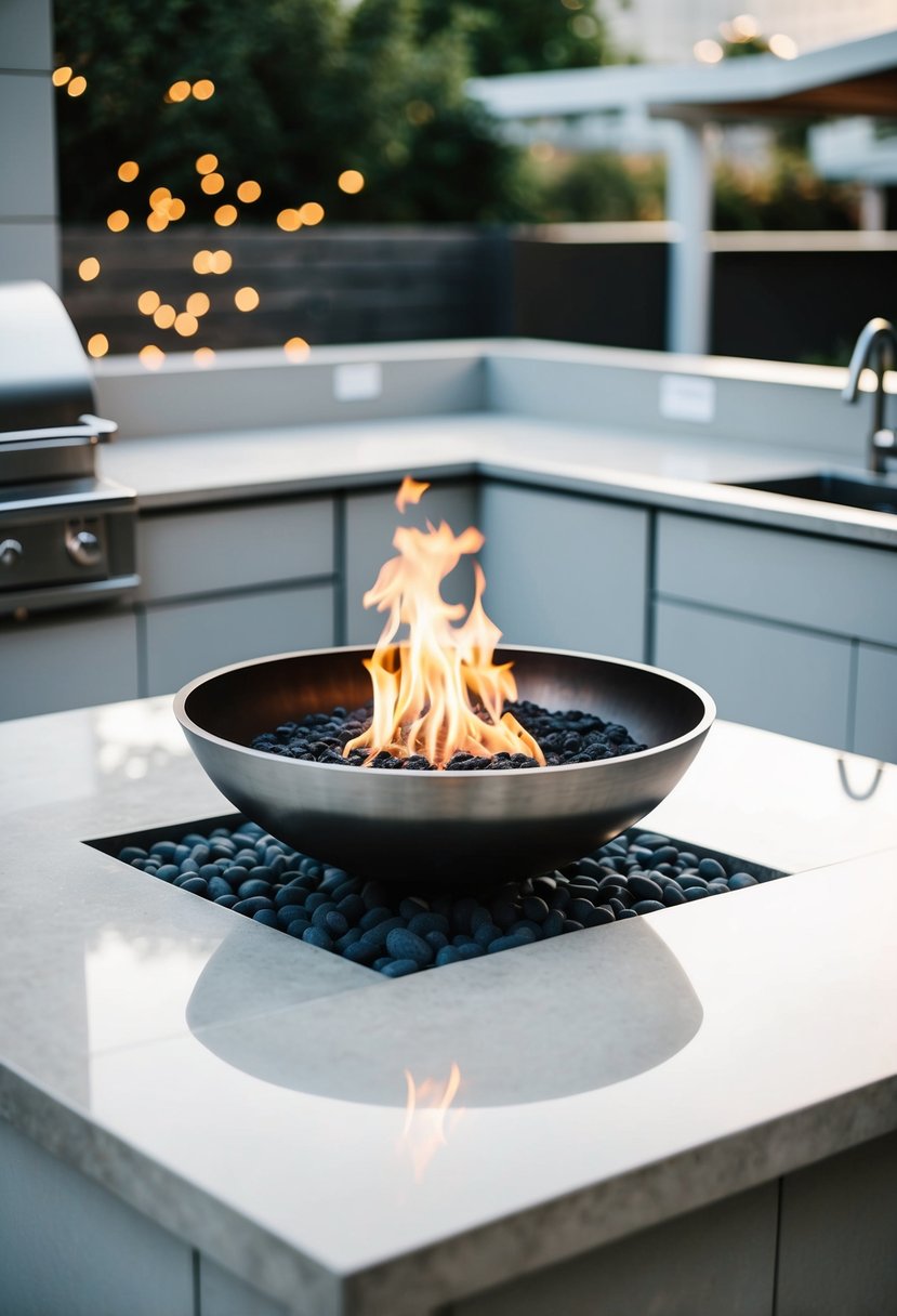 A sleek steel fire bowl sits in the center of a modern outdoor kitchen, surrounded by clean lines and contemporary design elements