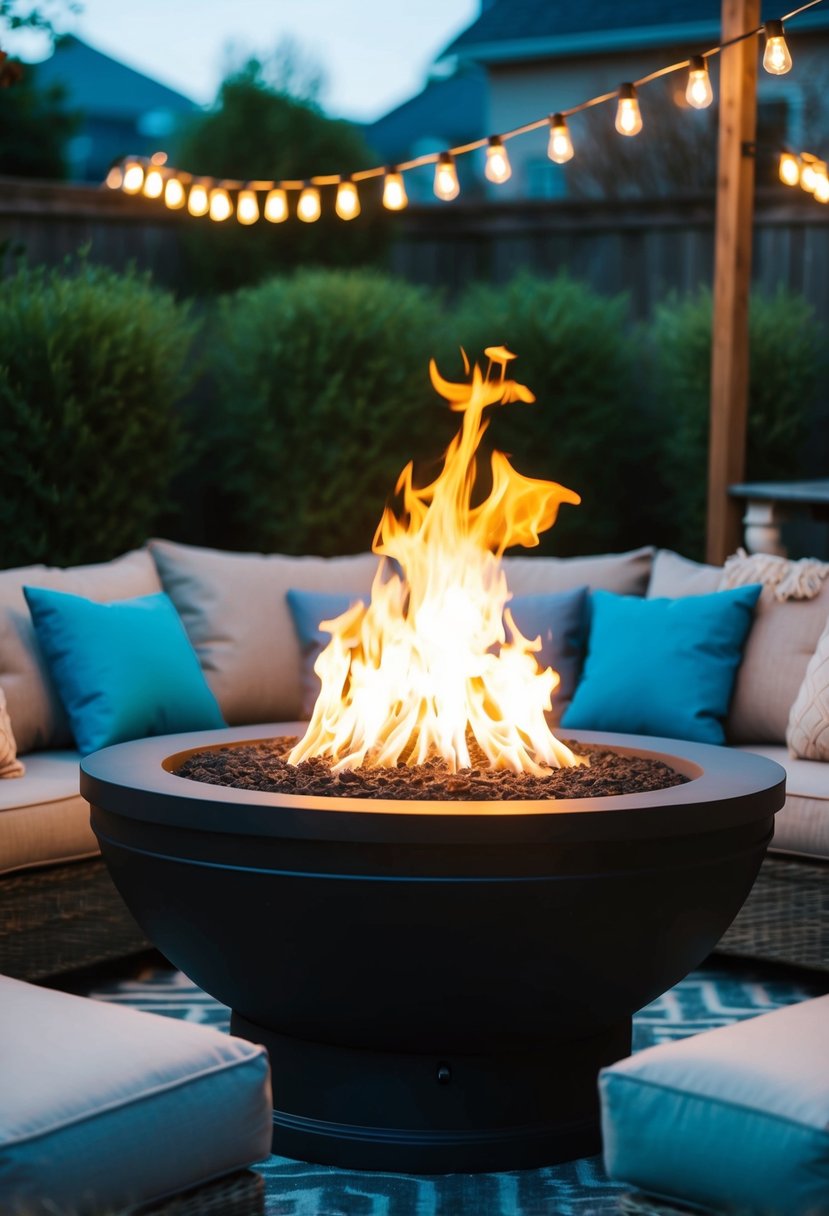 A cozy backyard with a Neptune Fire Pit as the focal point, surrounded by comfortable seating and illuminated by soft outdoor lighting