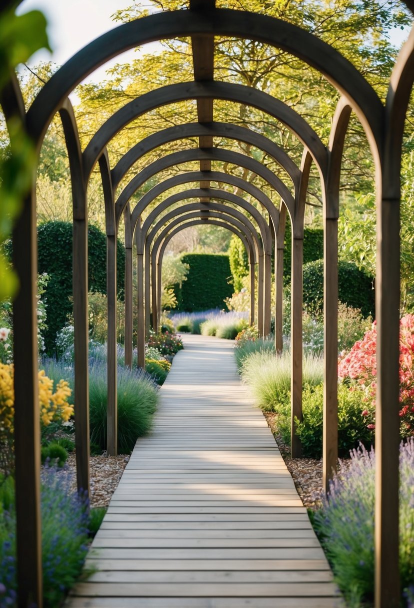 A winding timber path leads through 32 gardens adorned with arches