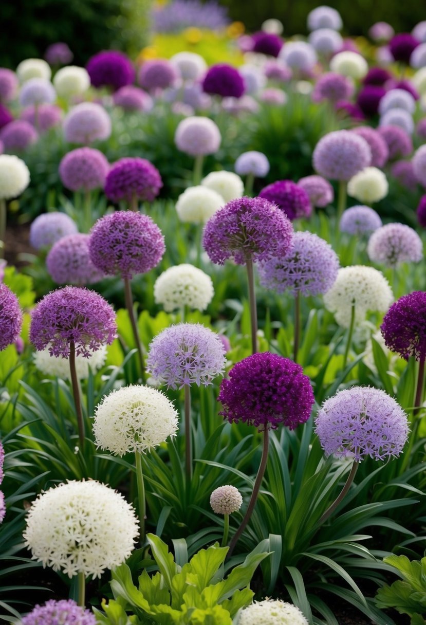 A lush garden filled with blooming Ostrovskianum Alliums in various shades of purple and white, creating a vibrant and colorful display