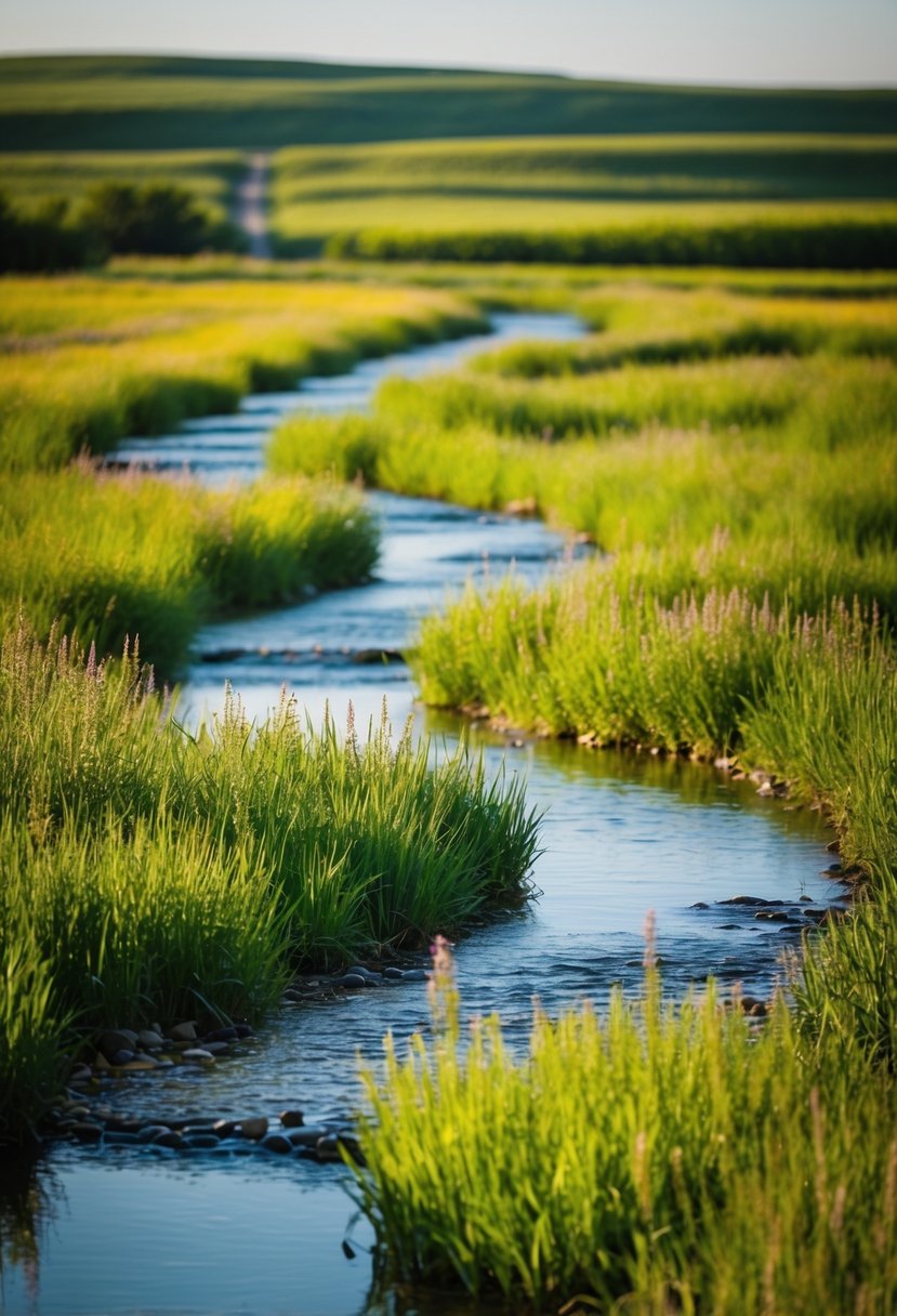 A North American prairie garden with meandering stream-like water paths