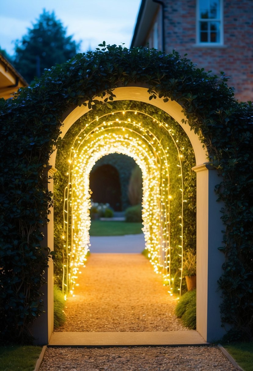 A garden entrance adorned with a tunnel of twinkling fairy lights, creating a magical and whimsical atmosphere