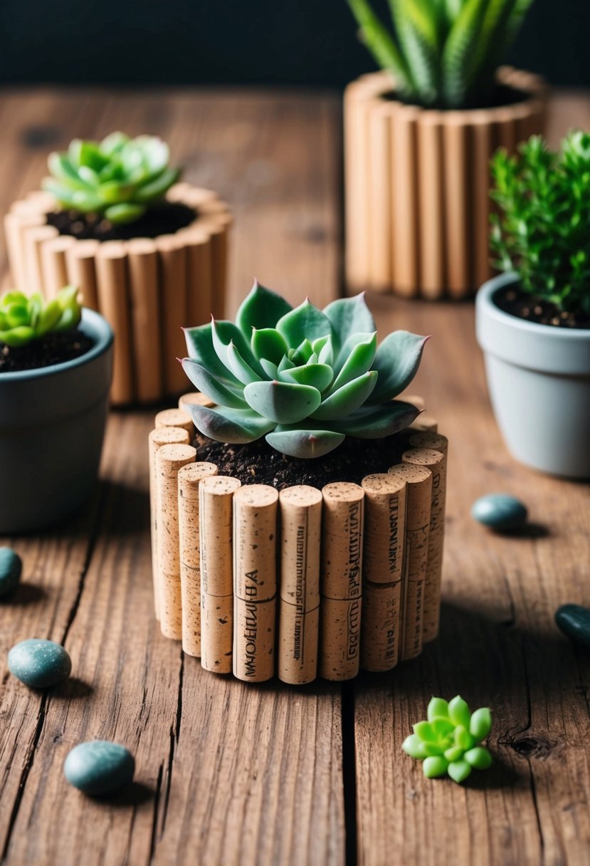 A wine cork succulent planter sits on a rustic wooden table surrounded by other creative garden container ideas