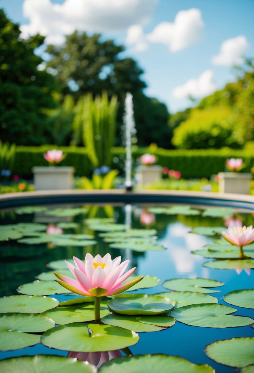 A serene lily pad pool surrounded by 39 garden water features