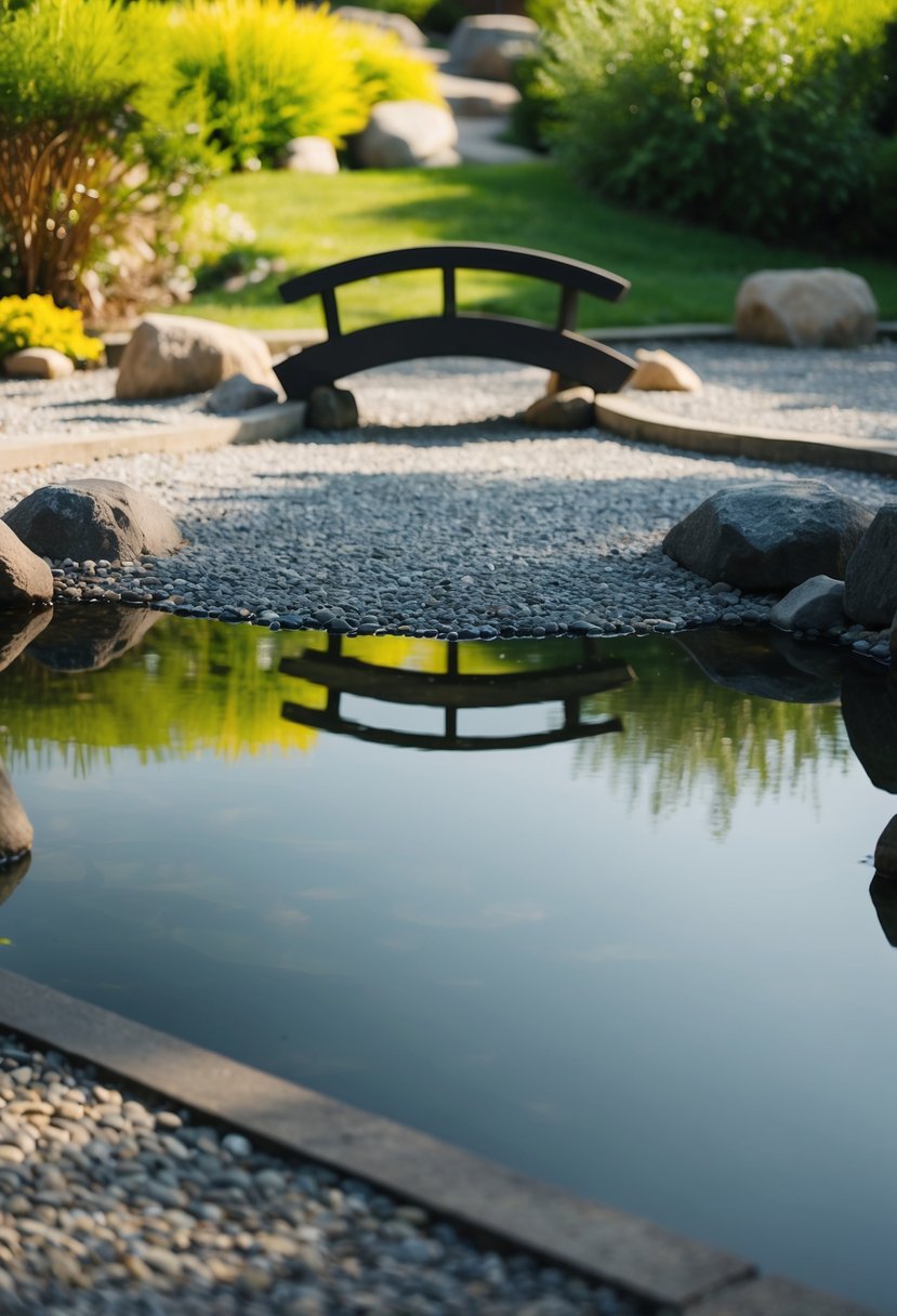 A tranquil Zen garden pond with raked gravel, rocks, and a small bridge over still water