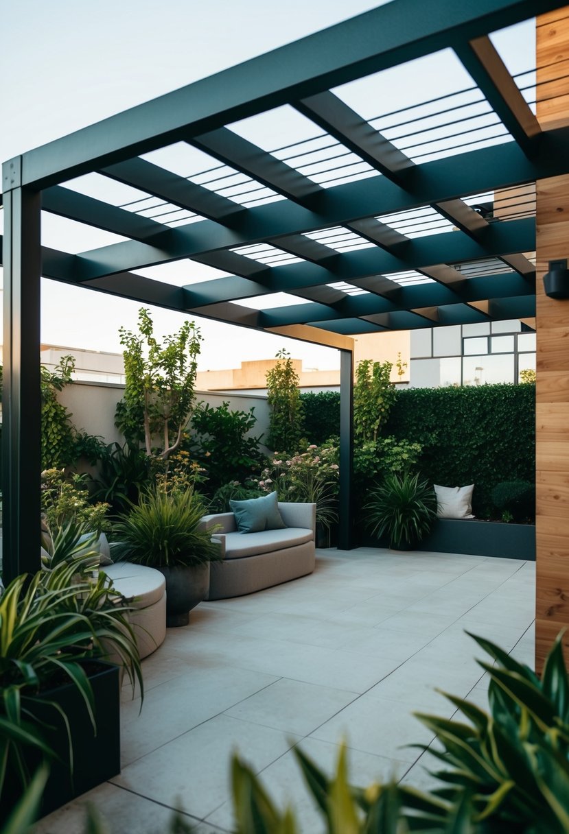 A modern pergola surrounded by lush gardens in an urban setting