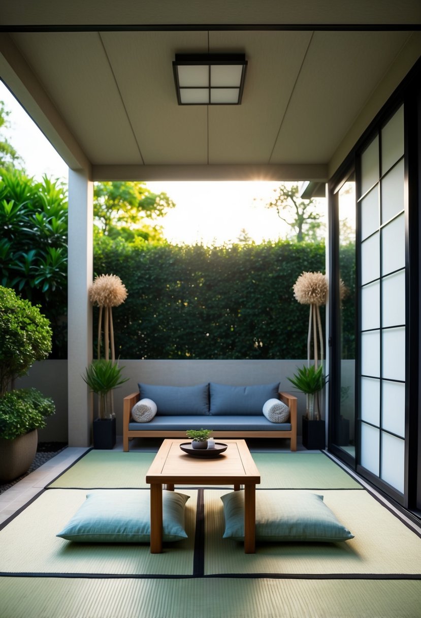A serene patio with tatami mats for floor seating, surrounded by minimalist Japandi decor and lush greenery