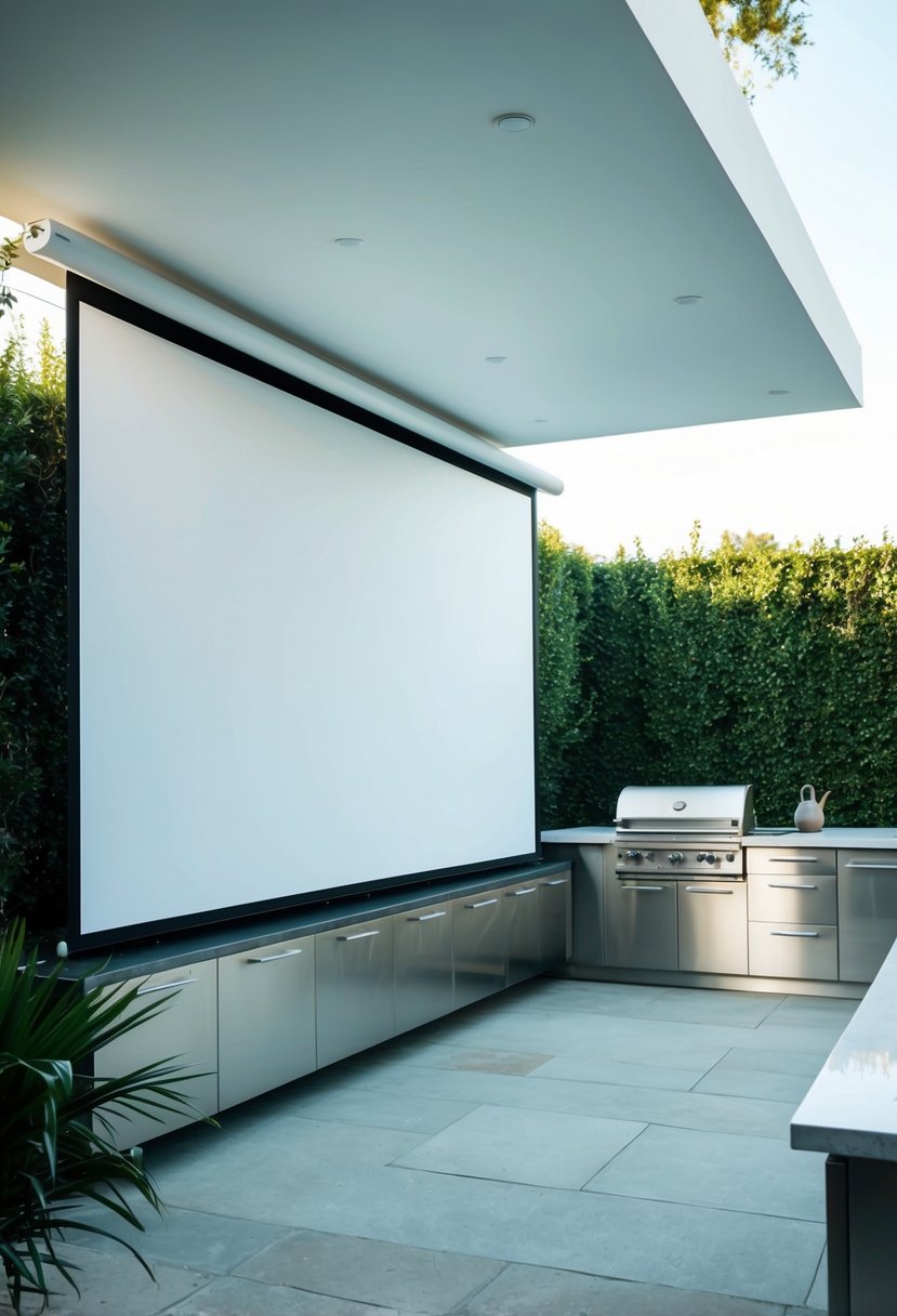 A large outdoor projector screen surrounded by a sleek, modern outdoor kitchen with clean lines and stainless steel appliances
