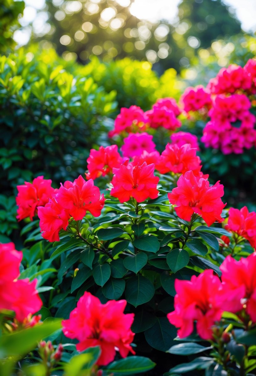 Vibrant red azaleas burst forth in a lush garden setting, with a backdrop of green foliage and dappled sunlight