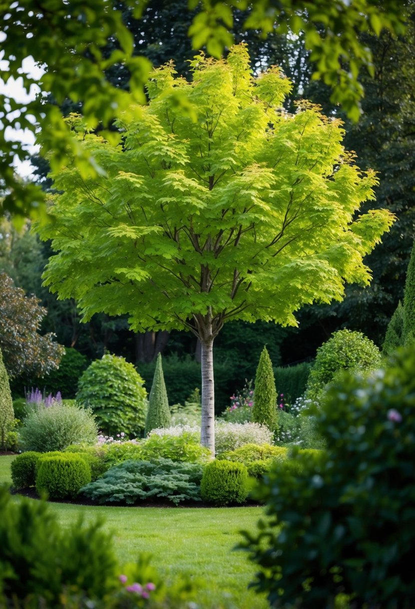 A serene garden with a lush maple tree surrounded by numerous other trees and greenery