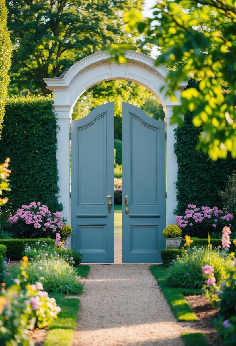 A grand double door gate stands tall in a lush garden, surrounded by blooming flowers and vibrant greenery