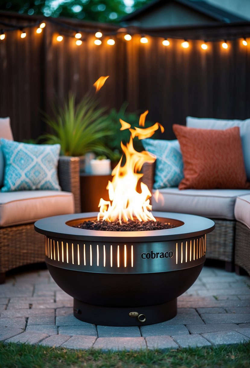 A small cobraco fire pit with a hammer tone finish sits in a backyard surrounded by cozy seating and illuminated by the warm glow of the flames