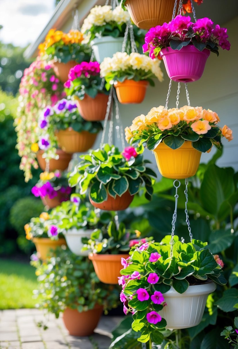 A colorful array of 26 hanging basket plants, including Rex Begonias, cascading from hooks in a lush garden setting