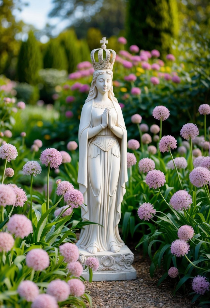 A lush garden filled with blooming allium flowers, surrounding a regal Karataviense Ivory Queen statue