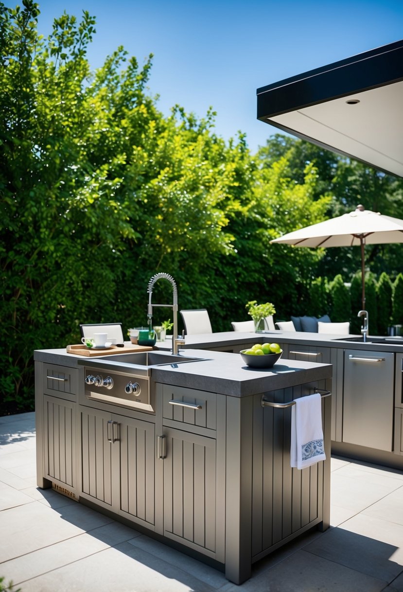 A spacious outdoor kitchen with a Kings Bottle Outdoor Sink and Workstation, surrounded by lush greenery and equipped with a modern and functional design