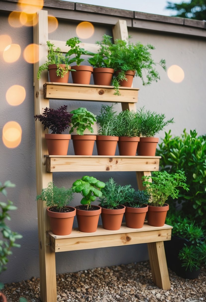 A wooden ladder planter adorned with 22 herb pots against a garden wall