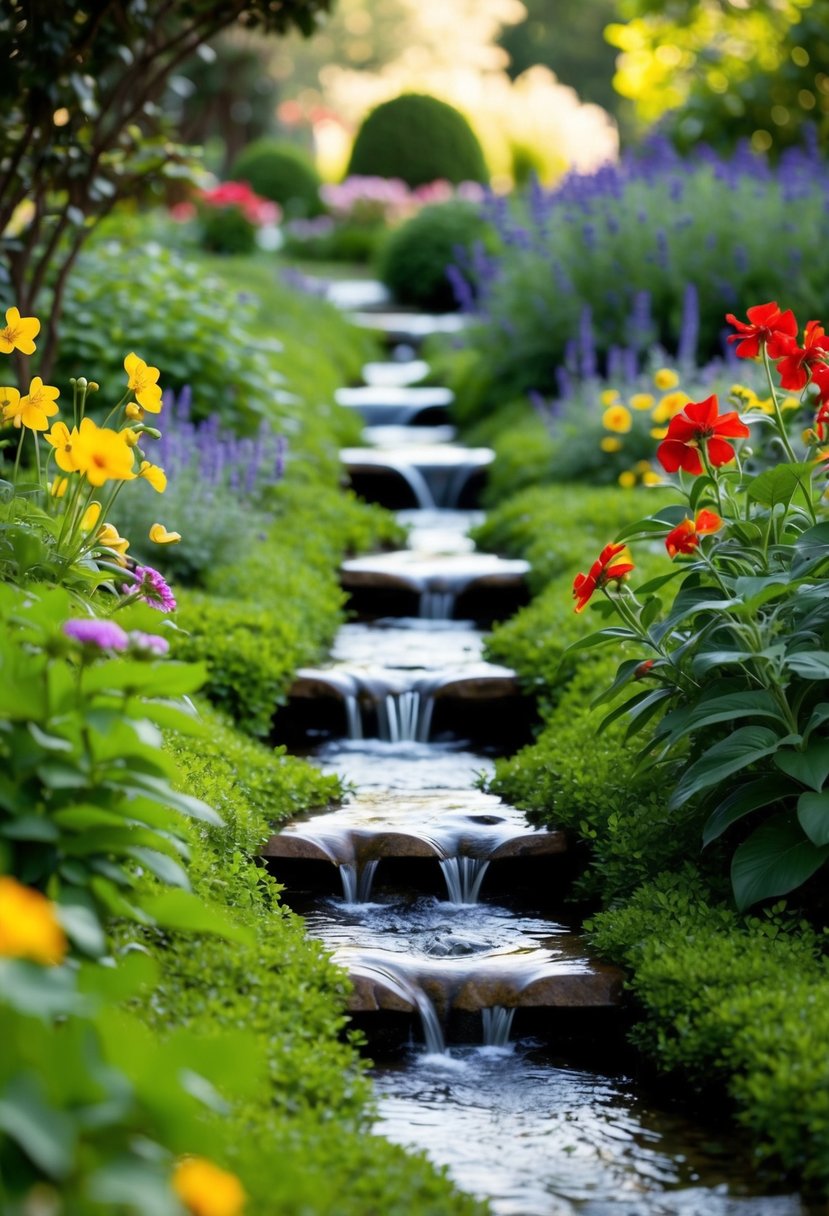 A serene garden with 27 streams flowing through lush greenery and vibrant flowers