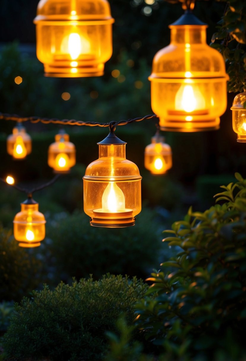 Glowing belljar lanterns illuminate a garden at night, casting a warm and enchanting light over the landscape