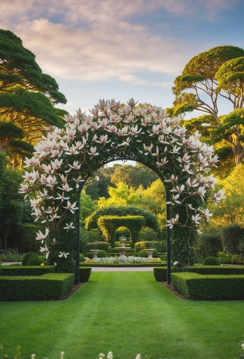 A lush garden with a grand arch formed by magnolia trees, creating a serene and picturesque setting