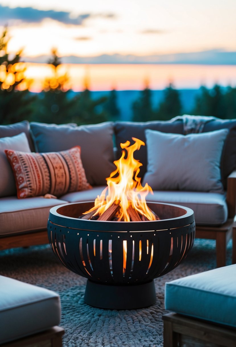 A cozy outdoor setting with a Belavi fire bowl as the centerpiece, surrounded by comfortable seating and soft lighting