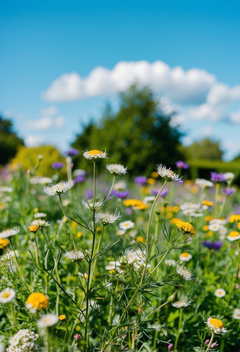 A lush garden filled with wild flowers, including yarrow, stretches out under a bright blue sky