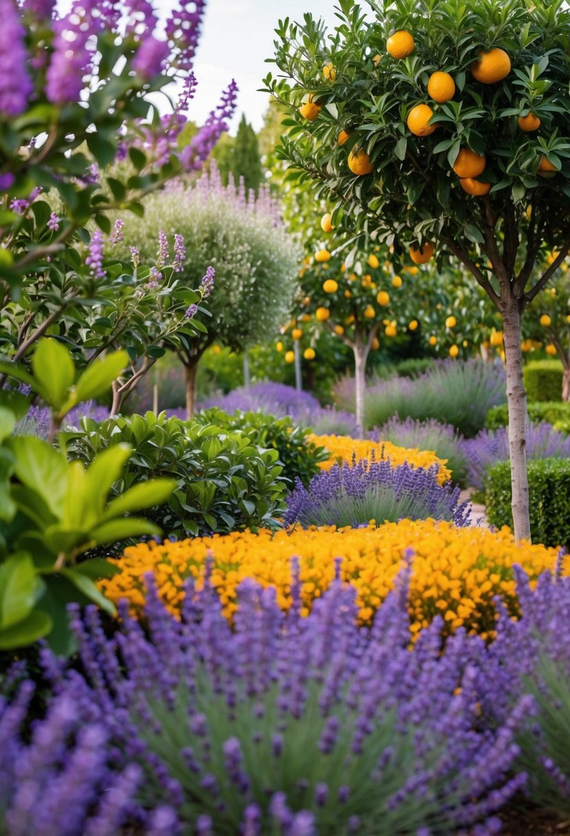 A lush garden filled with vibrant lavender and citrus trees, creating a beautiful and fragrant oasis