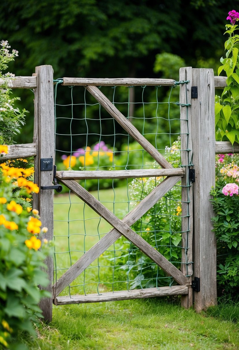 A rustic garden gate made of hog wire and weathered wood, surrounded by lush greenery and colorful flowers