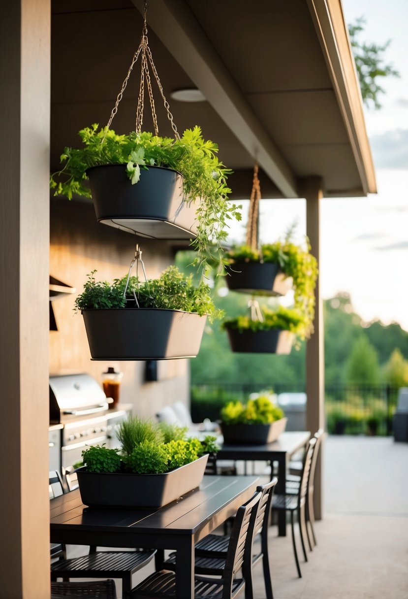 A patio BBQ area with hanging planters filled with herbs