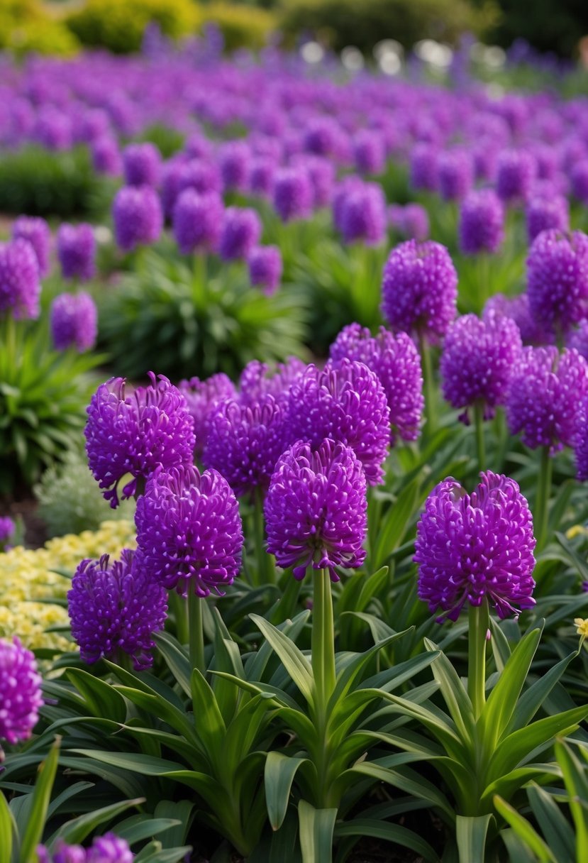 A lush garden filled with vibrant purple Agapanthus 'Purple Cloud' in full bloom, creating a sea of color and texture