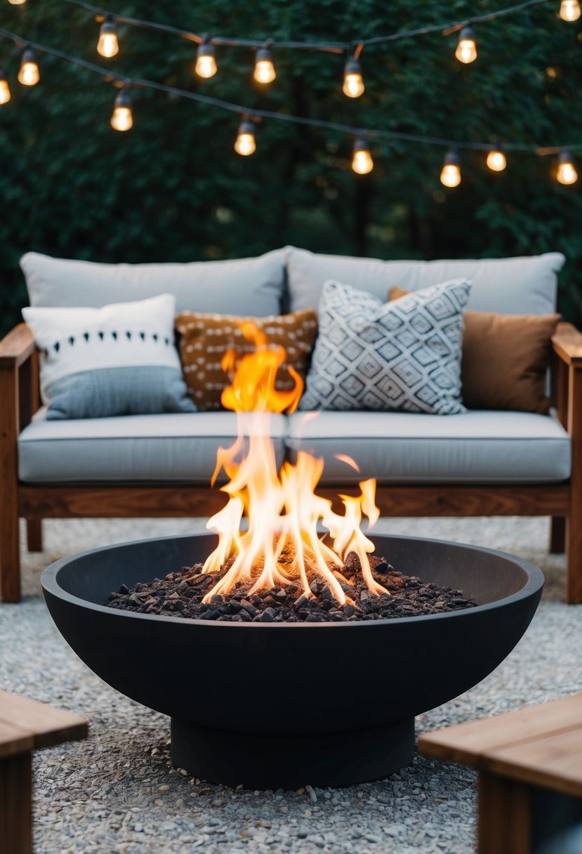 A cozy backyard with a medium fire bowl as the focal point, surrounded by small fire pit ideas