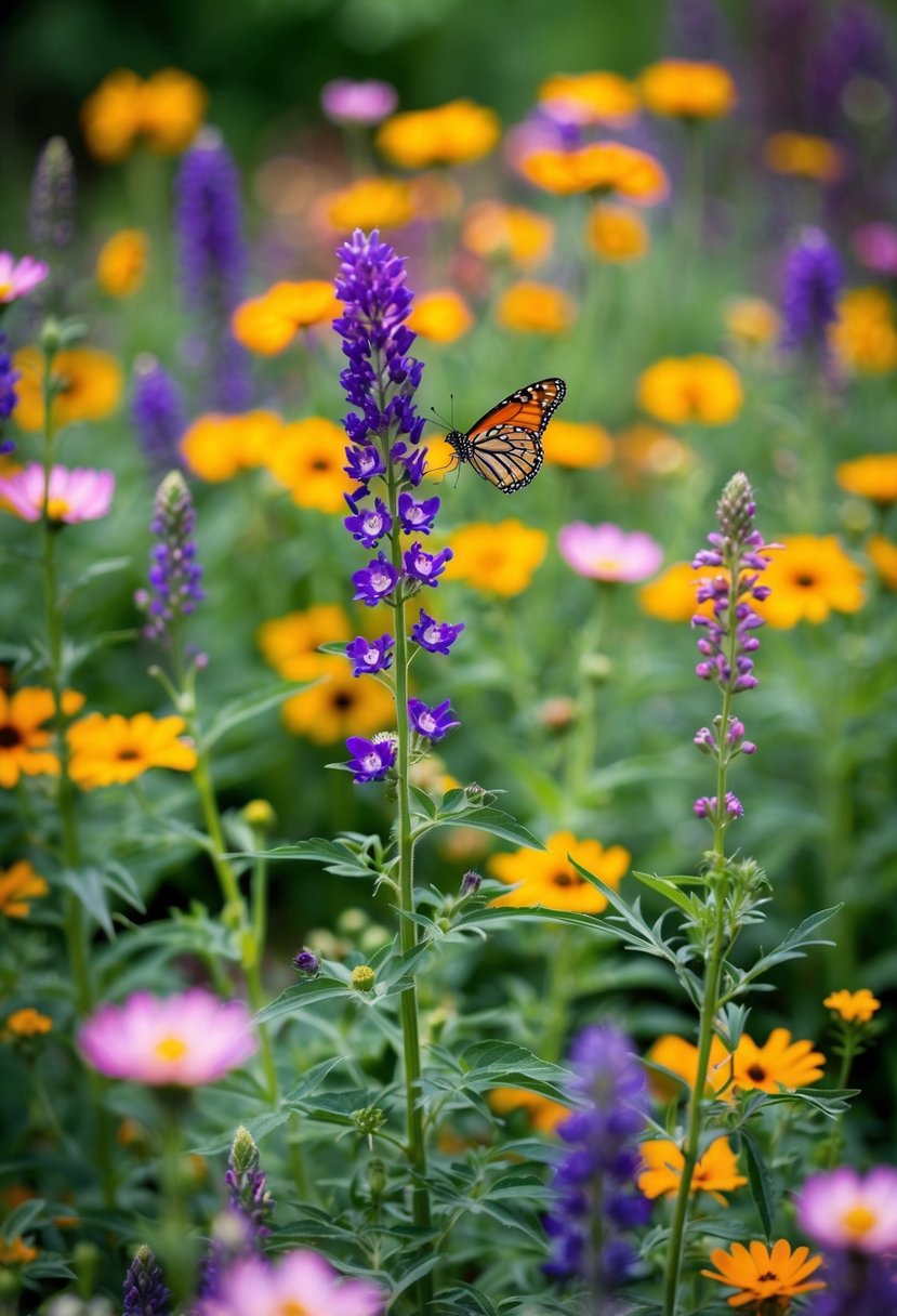 A vibrant garden of butterfly weed and wildflowers in full bloom