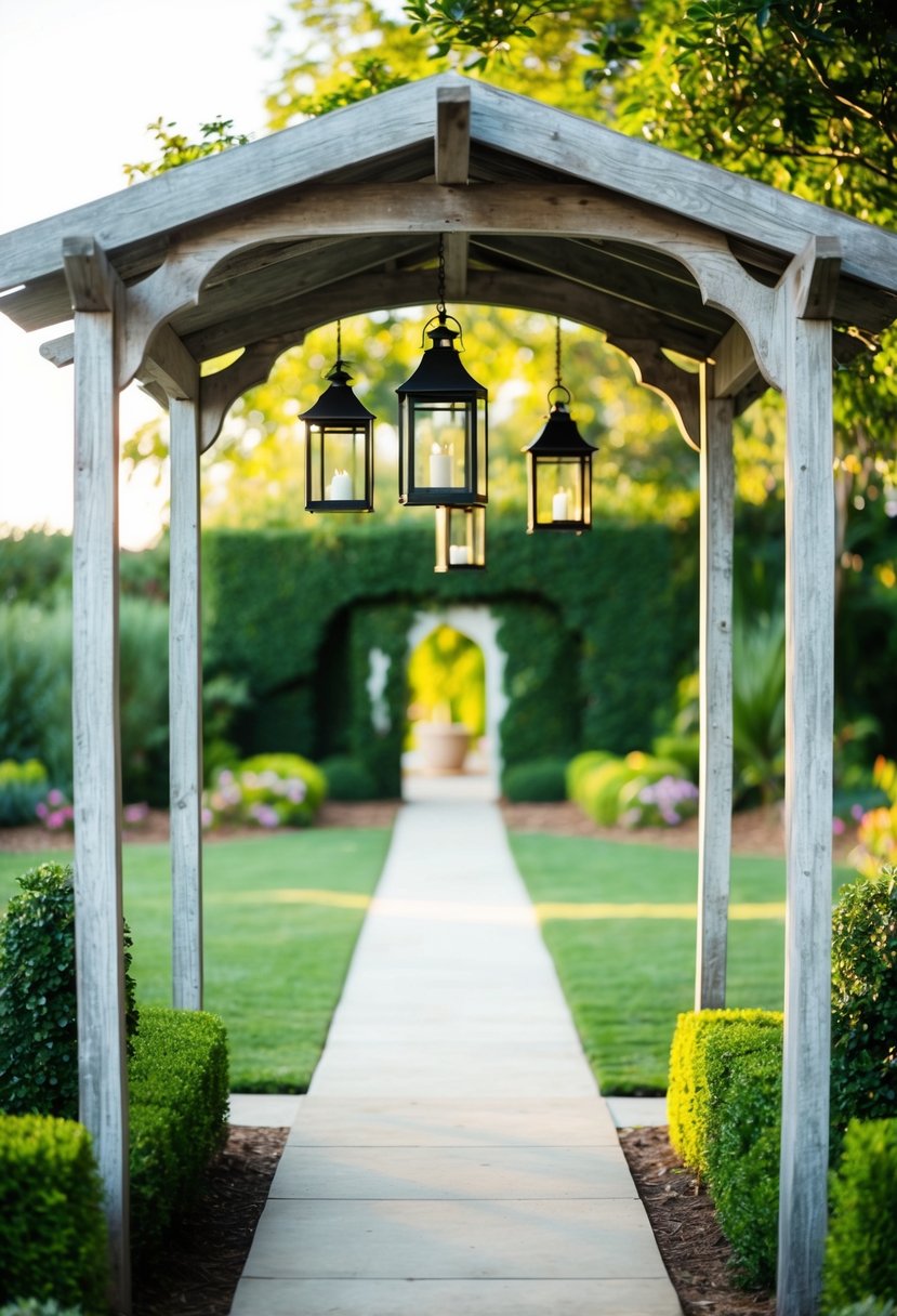 A weathered wooden arbor adorned with hanging lanterns in a lush garden setting