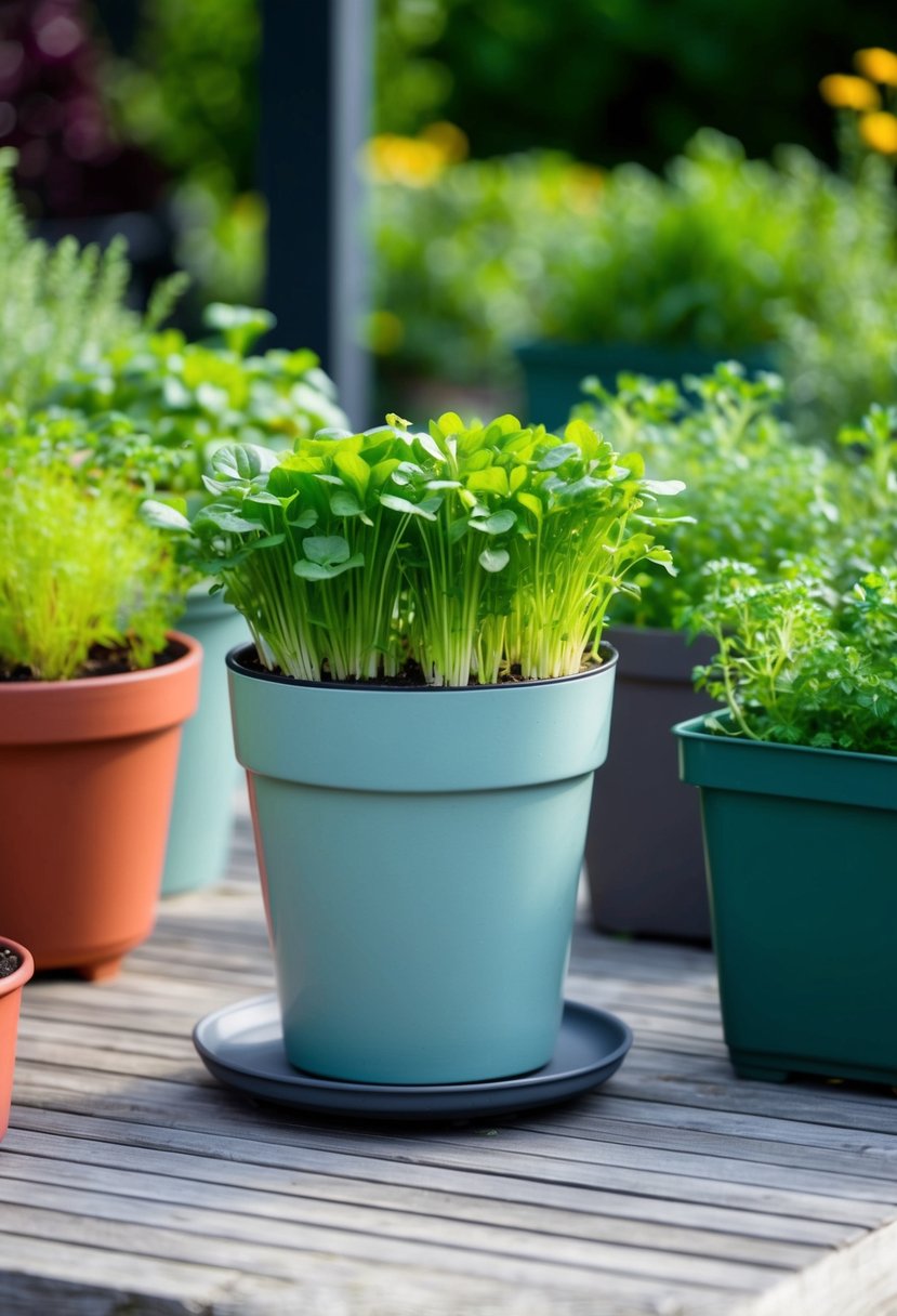 A table planter holds watercress among 30 other herb gardens in containers