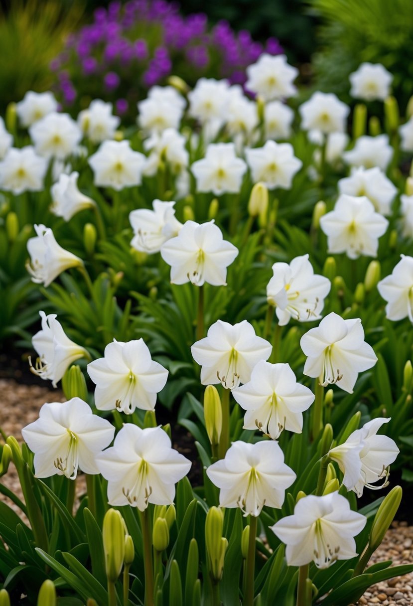 A lush garden filled with vibrant white Agapanthus 'Galaxy White' flowers, creating a stunning display of natural beauty