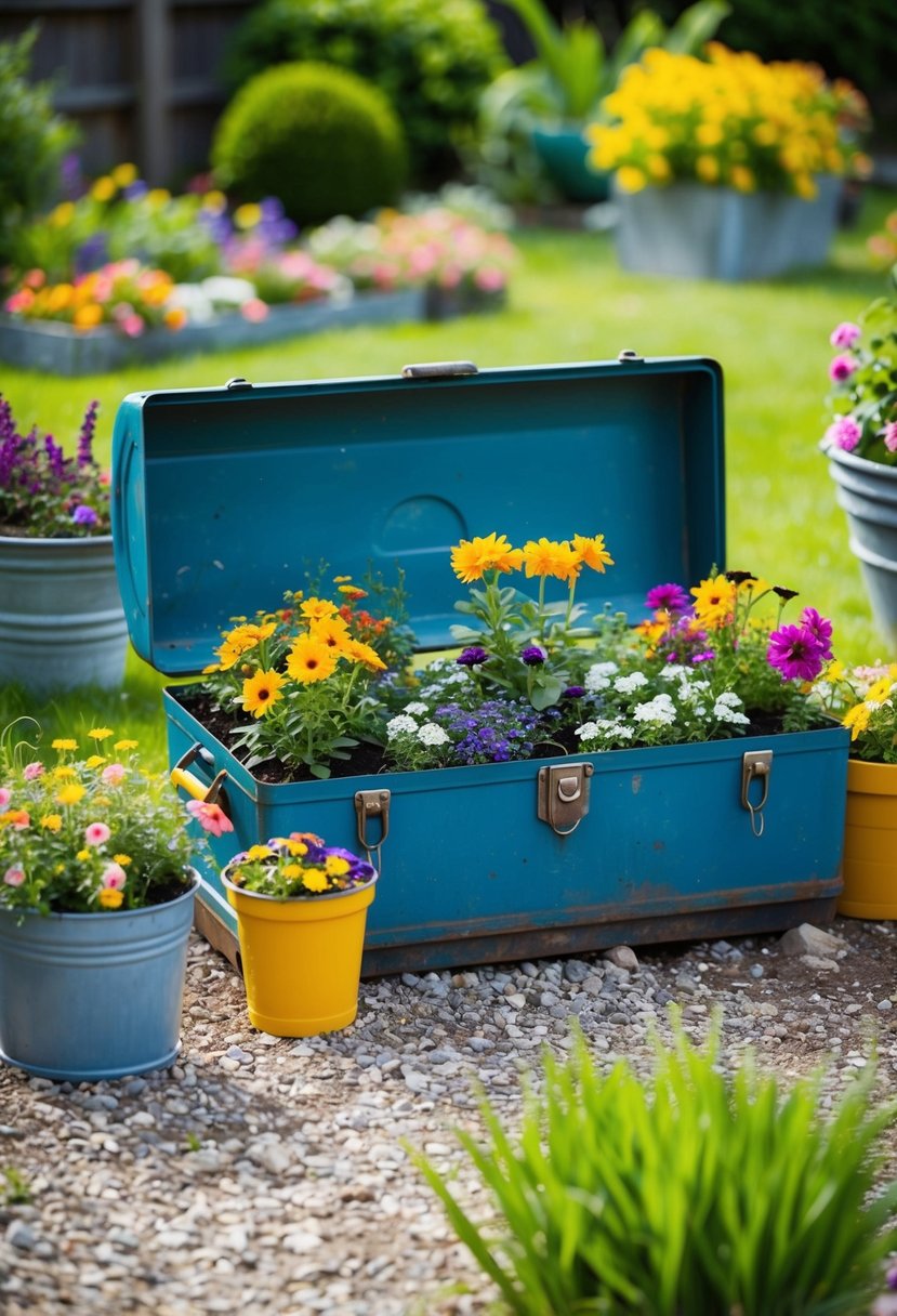 An old toolbox repurposed as a flower bed, surrounded by various garden containers filled with colorful blooms
