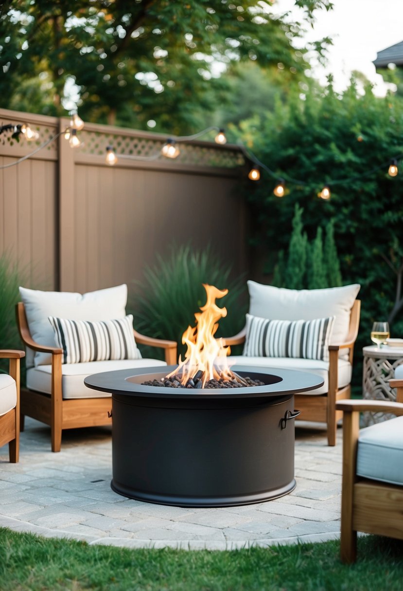 A cozy backyard with a solid steel fire pit surrounded by comfortable outdoor furniture and soft lighting