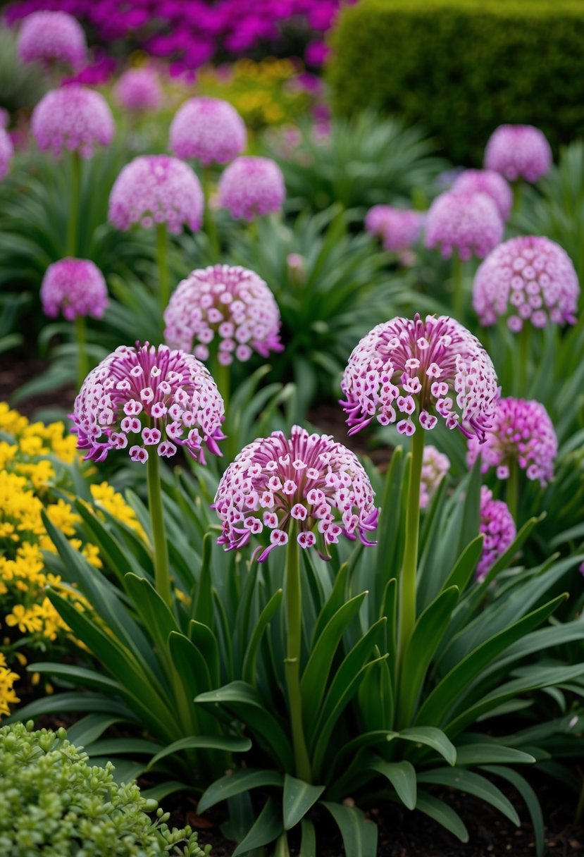 A lush garden filled with vibrant Agapanthus 'Polka Dot' flowers in full bloom, creating a stunning display of color and texture