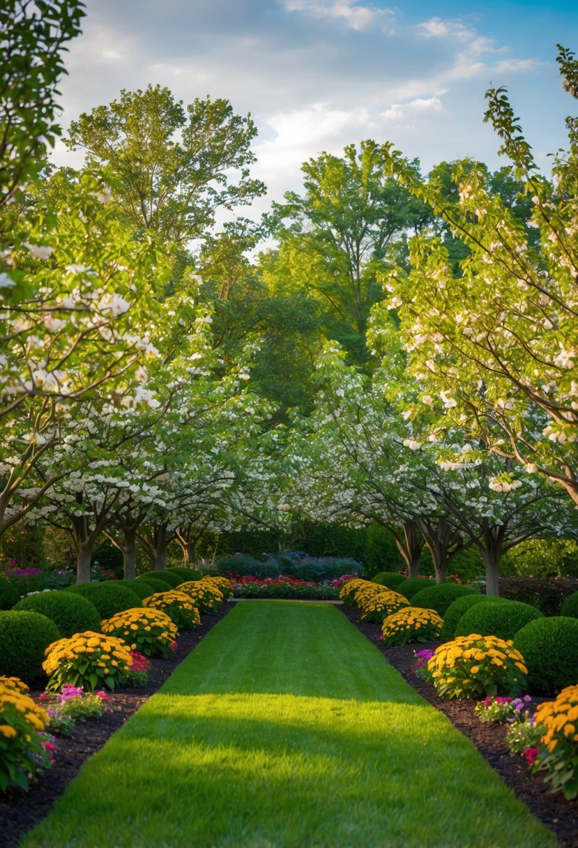 A peaceful garden with 26 dogwood trees surrounded by lush greenery and colorful flowers