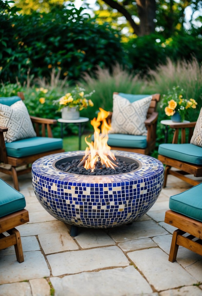 A circular mosaic tile fire pit surrounded by rustic outdoor seating and surrounded by lush greenery