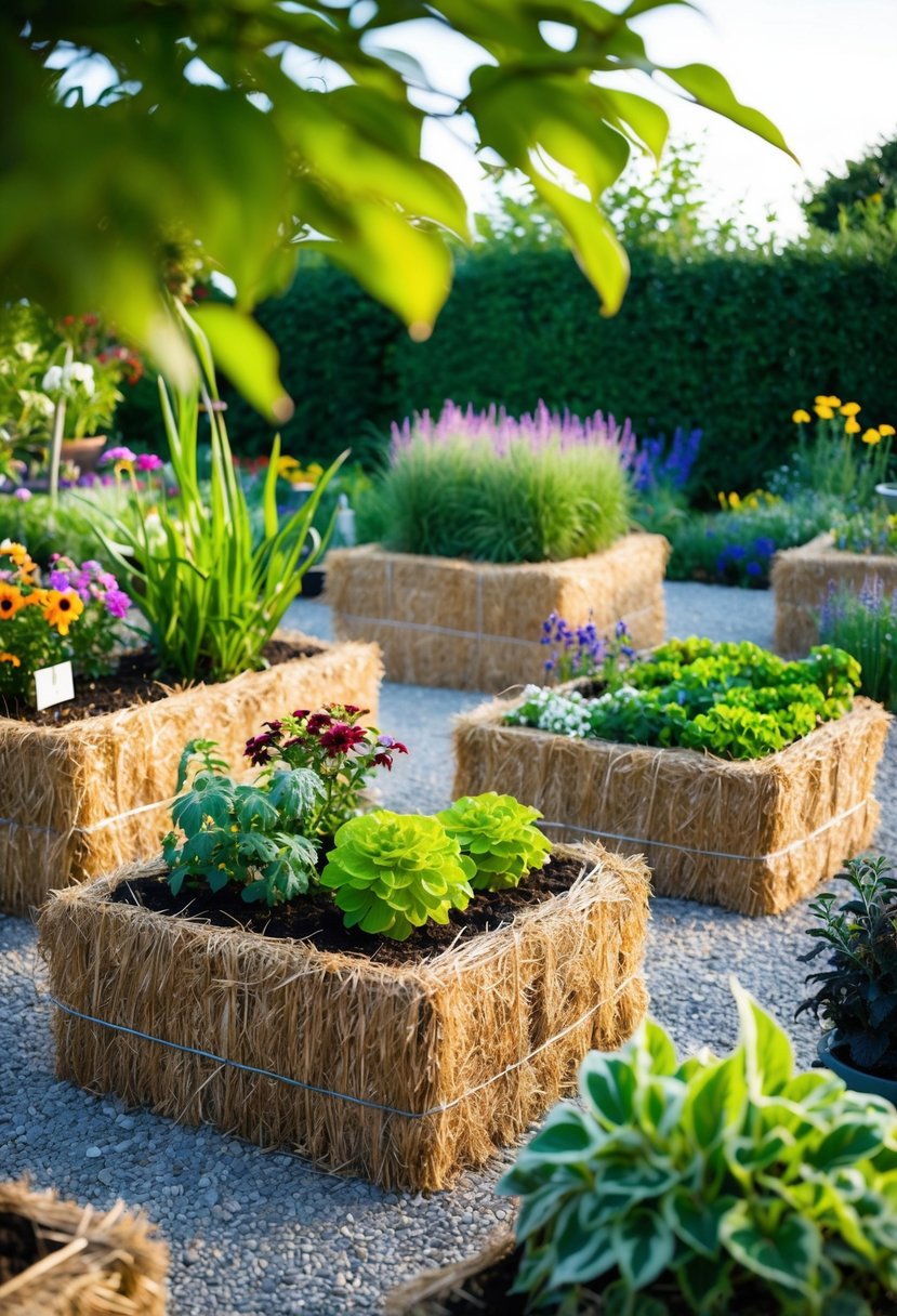 A lush garden filled with various plants and flowers growing in unique straw bale planters of different sizes and shapes
