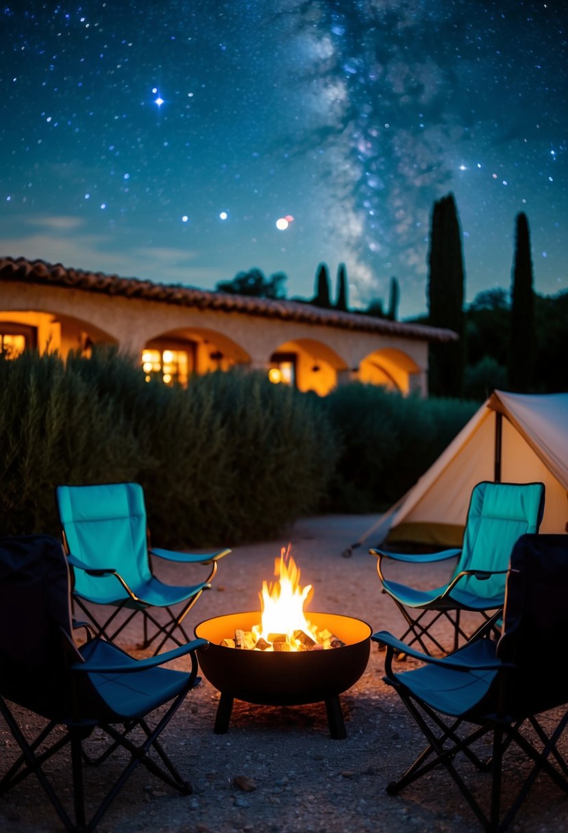 A cozy outdoor scene with a small fire pit surrounded by camping chairs, a rustic hacienda in the background, and twinkling stars in the night sky